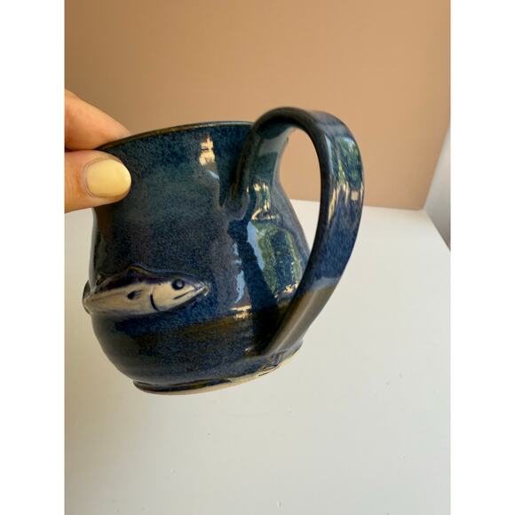 Studio Pottery Blue Glazed Mug Hand Thrown Coffee Cup Fish Motif Fisherman Gift - Picture 6 of 11